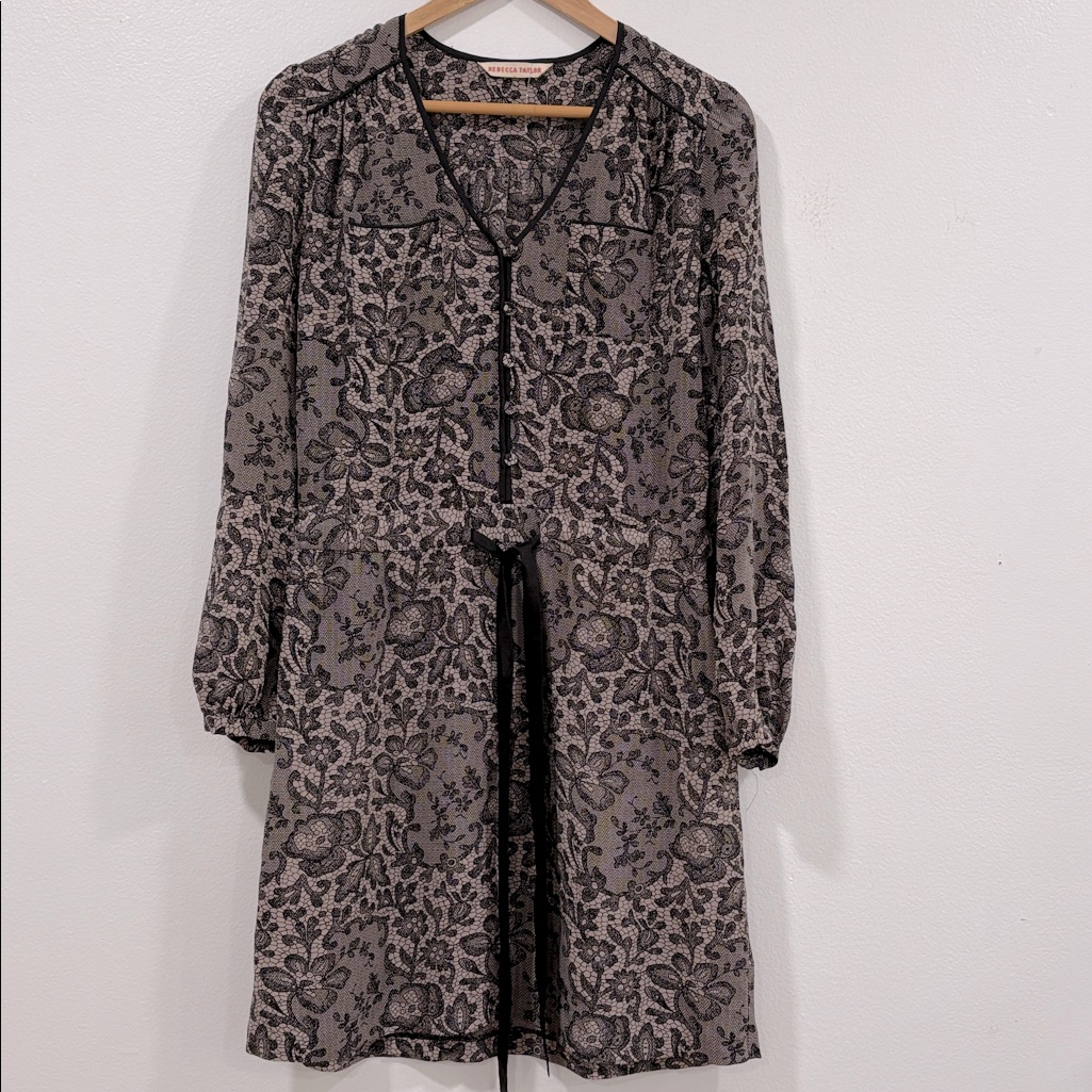 Rebecca Taylor Silk Long Sleeve Floral Lace Print Dress, Size S, Nwot